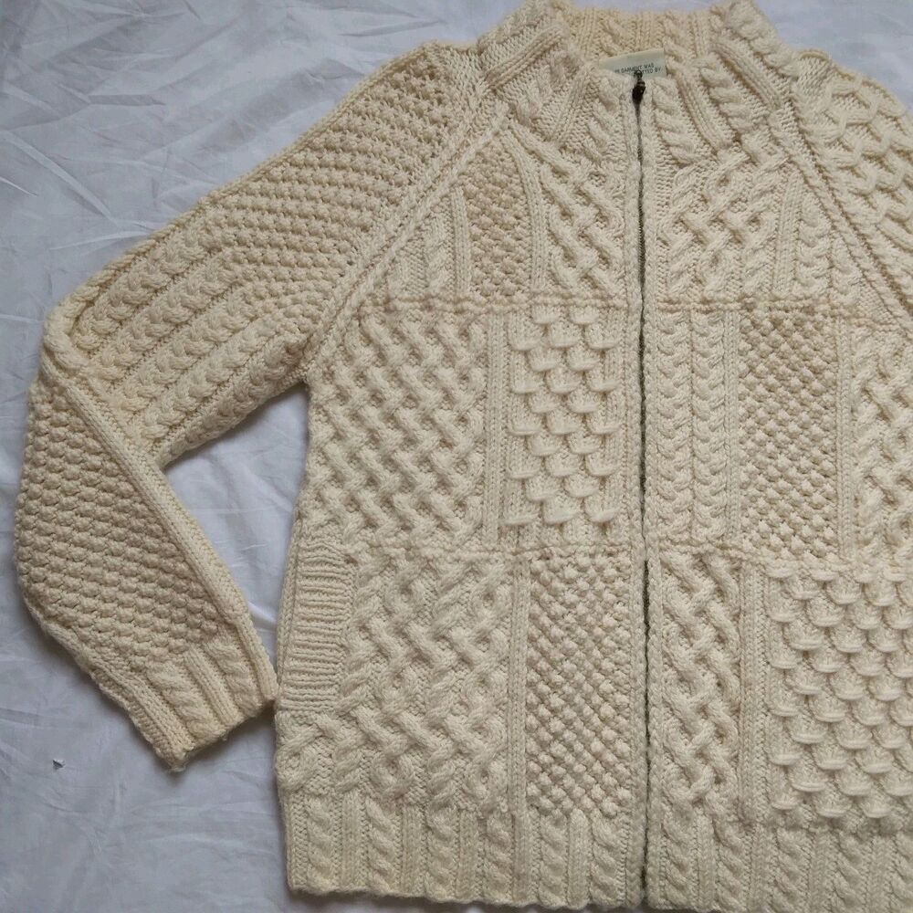 Carraig Donn Fisherman Sweater Cream Cable Knit Wool Ireland Zip Womens Medium - Picture 3 of 14